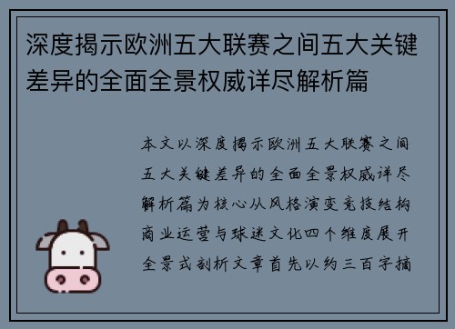 深度揭示欧洲五大联赛之间五大关键差异的全面全景权威详尽解析篇
