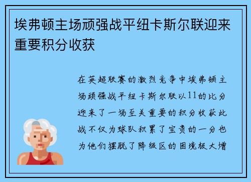 埃弗顿主场顽强战平纽卡斯尔联迎来重要积分收获